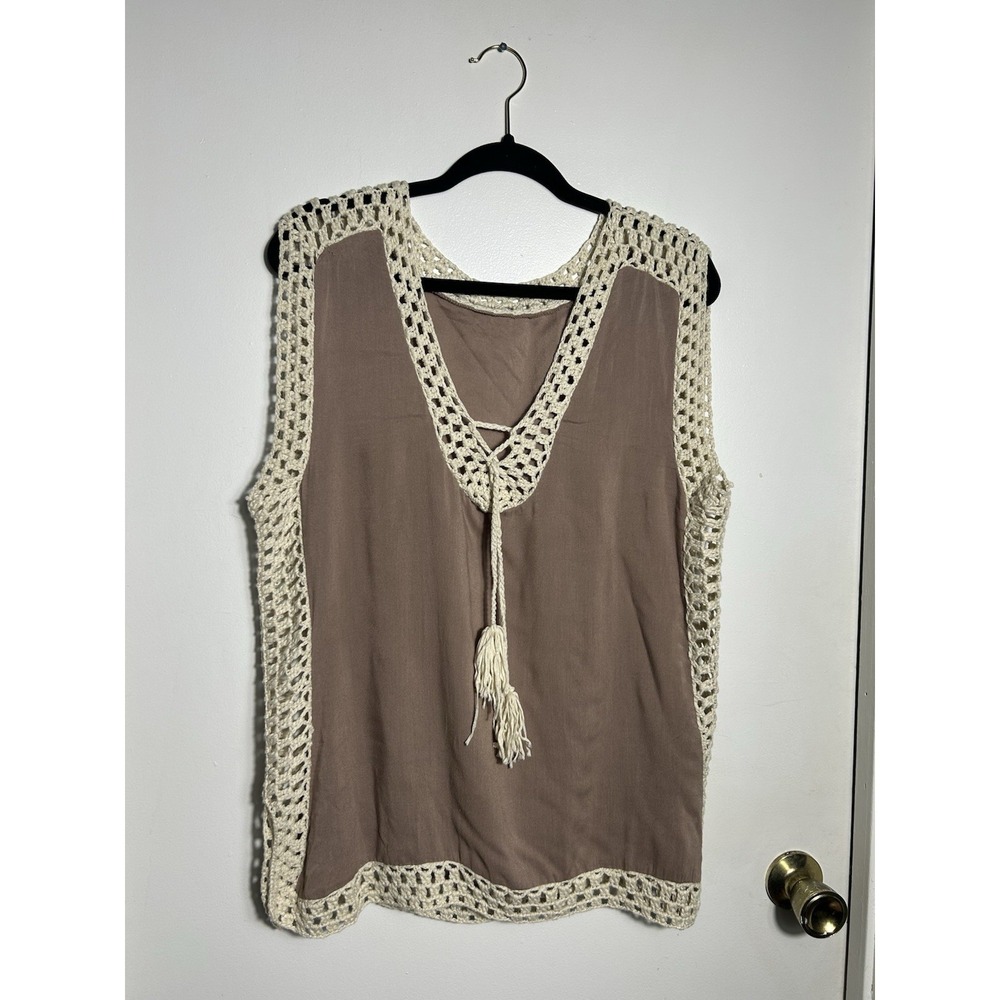 GeeGee‎ Boho Crochet Trim V-Neck Tank Top L Mauve Brown Tassel Rayon Festival